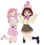  2girls ayase_naru blush brown_hair closed_eyes crossover jewelpet_(series) jewelpet_happiness multiple_girls open_mouth pink_hair pretty_rhythm pretty_rhythm_rainbow_live rabbit rinne_(pretty_rhythm) school_uniform short_hair simple_background skirt smile tonbi tsukikage_chiari 