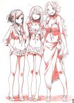 3girls breasts cleavage hand_on_hip long_hair looking_at_viewer monochrome multiple_girls navel original shimoe sketch swimsuit 