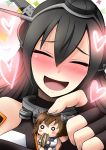  2girls :3 black_hair blush blush_stickers brown_hair chibi closed_eyes eating fingerless_gloves gloves hairband headgear heart kantai_collection minigirl multiple_girls nagato_(kantai_collection) niyang53 o_o open_mouth personification seed sunflower_seed yukikaze_(kantai_collection) 