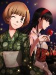  2girls amagi_yukiko black_hair brown_eyes brown_hair candy_apple floral_print hairband japanese_clothes kimono long_hair multiple_girls obi persona persona_4 satonaka_chie short_hair surkel 