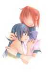  2girls blue_hair commentary_request furude_rika ginnoturu highres higurashi_no_naku_koro_ni hug long_hair multiple_girls no_eyes ryuuguu_rena short_hair simple_background smile solo white_background 