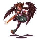 1girl arm_cannon black_legwear bow breasts brown_hair cleavage hair_bow long_hair open_mouth radiation_symbol red_eyes reiuji_utsuho solo thighhighs third_eye touhou weapon wings 