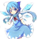  1girl ahoge blue_dress blue_eyes blue_hair blush bow cirno dress embellished_costume gloves hair_bow ice ice_wings looking_at_viewer puffy_sleeves scarf shirt short_sleeves simple_background solo tosura-ayato touhou white_background white_gloves wings 