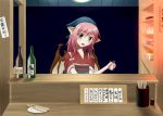  1girl bird_wings blue_background blush bottle chopsticks collarbone food_stand glass head_scarf head_tilt highres japanese_clothes kimono looking_at_viewer mystia_lorelei noronosuke okamisty parted_lips pink_hair plate shelf short_hair solo touhou yellow_eyes 