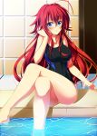  1girl ahoge blue_eyes blush breasts competition_swimsuit crossed_legs high_school_dxd kazeoto_kirito large_breasts long_hair looking_at_viewer one-piece_swimsuit open_mouth pool redhead rias_gremory sitting solo swimsuit 