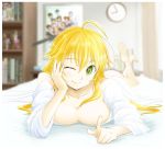  1girl ahoge bizen-co blonde_hair breasts cleavage green_eyes hoshii_miki idolmaster large_breasts long_hair looking_at_viewer lying off_shoulder pointing smile solo wink 