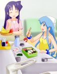  2girls aizawa_chizuru apple apron banana blue_eyes blue_hair closed_eyes food fruit highres ikamusume lemon long_hair lunchbox multiple_girls open_mouth purple_hair saliva sat-c shinryaku!_ikamusume shrimp tentacle_hair 