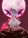  1girl ankle_socks ascot bat_wings blue_hair bow brooch clenched_teeth collarbone cross-laced_footwear energy_ball fang fingernails full_moon glowing hat hat_ribbon highres jewelry long_fingernails looking_at_viewer mob_cap moon nail_polish noronosuke raised_hand red_background red_eyes red_moon remilia_scarlet ribbon rock shadow sharp_fingernails short_hair simple_background skirt skirt_set solo spear_the_gungnir touhou wings 
