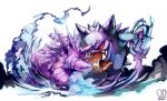  absurdres battle gengar highres long_tongue nidorino no_humans pokemon pokemon_(anime) pokemon_(creature) purple red_eyes sa-dui tongue 