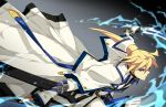  1boy blonde_hair blue_eyes capelet electricity fingerless_gloves gloves guilty_gear guilty_gear_xrd highres ky_kiske long_coat long_hair min_(minyinr) ponytail solo sword weapon 