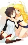  2girls ahoge black_eyes black_hair blonde_hair green_eyes hoshii_miki hug hym9594 idolmaster kikuchi_makoto long_hair multiple_girls pocky short_hair smile thighhighs 