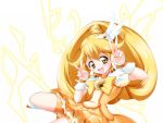  1girl bike_shorts blonde_hair choker cure_peace double_v dress kise_yayoi long_hair magical_girl open_mouth ponytail precure shorts_under_skirt skirt smile smile_precure! solo tiara v wrist_cuffs yellow_dress yellow_eyes 