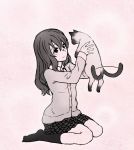  1girl animal cat happy koe_no_katachi long_hair monochrome nishimiya_shouko school_uniform simple_background sitting skirt smile socks solo sweater wait8 