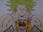  1boy 1girl blonde_hair broly clenched_teeth crystal dragon_ball dragon_ball_z earrings evil_smile flandre_scarlet hat jewelry muscle pointy_ears puffy_sleeves red_eyes ribbon side_ponytail smile spiky_hair super_saiyan touhou vampire wings 