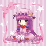  1girl blush bow crescent deformed hair_bow hat long_hair lowres misato_miyu patchouli_knowledge purple_hair sitting solo touhou very_long_hair violet_eyes 