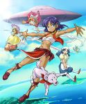  blue_eyes blue_hair brown_hair character_request dress fushigi_no_umi_no_nadia kubocha long_hair looking_at_viewer nadia navel outstretched_arms parasol purple_hair short_hair smile ufo umbrella v_arms 