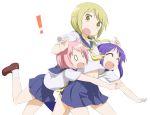  ! 0_0 3girls :d ^_^ blue_hair closed_eyes d:&lt; girl_sandwich hug hug_from_behind ichii_yui loafers low_twintails multiple_girls nagian nonohara_yuzuko open_mouth pink_hair shoes short_hair simple_background skirt smile socks twintails white_background white_legwear yuyushiki 