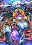  1girl blue_skin blush breasts character_request cleavage crystal_ball demon_girl demon_tail full_moon goushou huge_breasts long_hair looking_at_viewer moon orange_hair puzzle_&amp;_dragons solo succubus tail thighhighs very_long_hair violet_eyes 