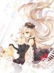  1girl absurdly_long_hair blonde_hair bow ceru doll dress elbow_gloves gloves hair_ornament highres leg_hug lolita_fashion long_hair mayu_(vocaloid) piano_print smile stuffed_animal stuffed_toy very_long_hair vocaloid yellow_eyes 