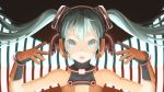  1girl floating_hair gloves green_eyes green_hair hatsune_miku headphones highres long_hair open_mouth solo throtem twintails vocaloid 