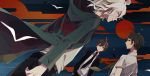  3boys bird brown_hair dangan_ronpa formal grey_eyes himishiro hinata_hajime hoodie jacket komaeda_nagito looking_back moon multiple_boys naegi_makoto necktie red_moon short_hair smile suit super_dangan_ronpa_2 white_hair yellow_eyes 