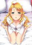  1girl ahoge barefoot bed blonde_hair breasts cleavage green_eyes highres hoshii_miki idolmaster large_breasts long_hair pillow shirt sitting solo wariza 