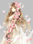  1girl blush brown_eyes brown_hair butterfly dress elbow_gloves fishnet_gloves flower gloves grey_background hagiwara_rin hair_flower hair_ornament jewelry leaf long_hair necklace original pink_rose rose simple_background solo v_arms vines white_dress wink 