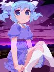  1girl blue_eyes blue_hair borrowed_character flat_chest kumori_(aratsuka) original short_hair sitting sky solo tonbi 