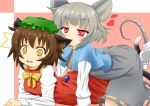  2girls animal_ears biting blush brown_hair capelet cat_ears cat_tail chen ear_biting grey_hair hat highres himenomikan jewelry mouse_ears mouse_tail multiple_girls multiple_tails nazrin pendant red_eyes short_hair smile tail touhou 
