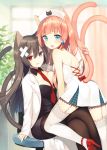  2girls :q animal_ears black_legwear blue_eyes blush breast_press breasts cat_ears cat_tail cleavage crossed_legs fang garter_straps heterochromia high_heels lace lace-trimmed_thighhighs large_breasts long_hair looking_at_viewer midorikawa_you multiple_girls multiple_tails necktie open_mouth orange_hair original pantyhose red_eyes sitting smile tail thighhighs tongue violet_eyes 