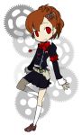  1girl armband brown_hair chibi daizan_(mount_position) evoker female_protagonist_(persona_3) gears hair_ornament hairclip headphones headphones_around_neck holster kneehighs loafers persona persona_3 persona_3_portable persona_q red_eyes s.e.e.s school_uniform shoes short_hair skirt solo 