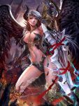  1girl black_wings dual_wielding highres horns jewelry navel necklace orange_eyes silver_hair solo sword thighhighs weapon wings 
