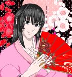  1girl black_hair brown_eyes fan floral_background folding_fan haigo7 japanese_clothes kimono long_hair smirk solo umenomori_chise virtua_fighter 