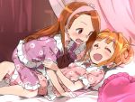  2girls :d ^_^ alternate_hairstyle bed brown_hair closed_eyes curtains floral_print girl_on_top hair_up hand_on_another&#039;s_head heart heart_pillow idolmaster long_hair minase_iori multiple_girls open_mouth pajamas pillow print_pajamas smile sonsoso takatsuki_yayoi wavy_mouth yuri 