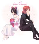  2girls back-to-back blush bouquet dated dress elbow_gloves flower formal gloves happy_birthday heart love_live!_school_idol_project multiple_girls nishikino_maki redhead shokushu_ura short_hair suit wedding_dress yazawa_nico yuri 