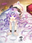 1girl all_fours animal_ears breasts cat_ears cat_tail down_blouse dress dress_lift fangs long_hair milk milk_carton original panties purple_hair ratise rug saucer side-tie_panties solo suitcase tail tail_bow thighhighs underwear very_long_hair violet_eyes wrist_cuffs yarn 