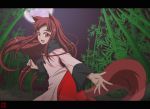  1girl animal_ears anime_coloring bamboo bamboo_forest brown_hair dress fang forest full_moon highres imaizumi_kagerou long_hair moon nature night open_mouth red_eyes tail touhou wide_sleeves wolf_ears wolf_tail woofey 