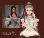  1girl 3d blue_eyes breasts brown_hair catherine_the_great civilization cleavage commentary_request crown dress gown historical kakkou_(su) long_hair reference_work ringlets smile translation_request 