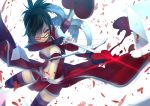  1girl black_hair bow_(weapon) breasts cleavage crossbow fingerless_gloves fred04142 glasses gloves hair_over_one_eye heart league_of_legends midriff navel ponytail red_eyes shauna_vayne solo striped striped_legwear thigh-highs weapon 