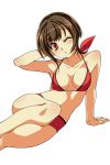  1girl aldiana arm_support arm_up bikini breasts brown_hair cleavage hand_behind_head highres looking_at_viewer original short_hair sitting solo swimsuit wink 