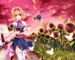  1girl absurdres alice_margatroid bird blonde_hair blue_eyes book book_hug butterfly capelet cherry_blossoms crossed_arms dress dutch_angle field flower flower_field grass green_eyes hairband head_tilt highres holding holding_book lolita_hairband long_hair long_sleeves looking_at_viewer path petals red_sky ribbon road sash shanghai_doll short_hair short_sleeves sky smile solo stream sunflower thighhighs touhou tree twilight vivian_(lancerhd) wind wrist_cuffs 