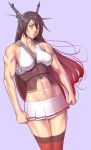  1girl abs bare_shoulders breasts brown_hair highres kantai_collection large_breasts long_hair midriff muscle nagato_(kantai_collection) personification red_eyes skirt solo thighhighs 