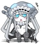  1girl blue_eyes bodysuit cape chibi gloves kantai_collection long_hair monster open_mouth pale_skin personification shinkaisei-kan silver_hair solo wo-class_aircraft_carrier 