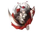  1girl animal_ears bare_shoulders detached_sleeves hat highres inubashiri_momiji pom_pom_(clothes) red_eyes sheath shield shinebell short_hair silver_hair simple_background skirt solo sword tail thigh-highs tokin_hat touhou weapon white_background white_legwear wolf_ears wolf_tail 
