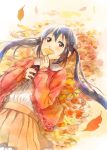  1girl autumn black_hair blouse brown_eyes fukutarou_(enji127) k-on! leaf long_hair lying nakano_azusa on_back skirt solo twintails 