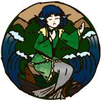  1girl big_waves blue_hair closed_eyes drill_hair fish_tail foaming_waves hand_on_own_chest head_fins hill japanese_clothes justin_hsu kimono mermaid monster_girl obi outstretched_arm rock round_image short_hair singing sitting sitting_on_rock solo texture touhou tree wakasagihime waves 