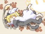  1boy 1girl animal_costume animal_ears blonde_hair cat_costume cat_ears cat_teaser closed_eyes headphones hug kagamine_len kagamine_rin open_mouth paw_print short_hair smile tewarusa vocaloid 