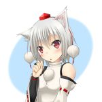  1girl animal_ears bare_shoulders blush bridal_gauntlets detached_sleeves hat high_collar inubashiri_momiji looking_at_viewer noronosuke pom_pom_(clothes) raised_hand red_eyes short_hair simple_background solo tokin_hat touhou triangle_mouth two-tone_background white_hair wolf_ears 