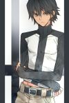  &gt;:&lt; 1boy against_wall belt black_hair cross crossed_arms high_collar kanzaki_jin long_sleeves looking_at_viewer pants pillarboxed pointy_hair rand_(artist) shirt sleeves_past_wrists solo untucked_shirt zetman 