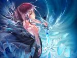  1girl bare_back blue_eyes dress highres ice original purple_hair short_hair solo sword takanori_yamada weapon 